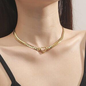 Flat Cuban Link Chunky Chain Necklace Gold Stainless Steel Hollow Heart Charms